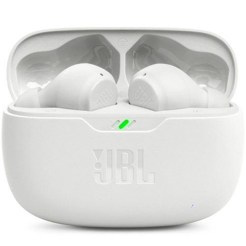 Bluetooth sztereó fülhallgató, v5.2, TWS, töltőtok, érintés vezérlés, vízálló, JBL Wave Beam, fehér