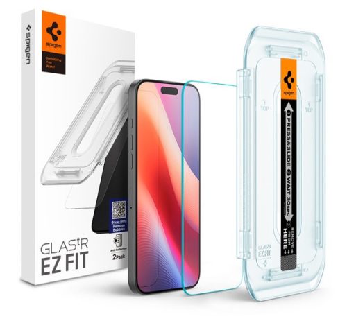 Apple iPhone 16 Pro, Kijelzővédő fólia, ütésálló fólia (az íves részre is!), Tempered Glass (edzett üveg), Spigen Ez Fit, Clear, 2 db / csomag