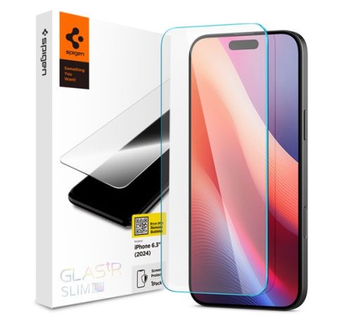 Apple iPhone 16 Pro, Kijelzővédő fólia, ütésálló fólia (az íves részre is!), Tempered Glass (edzett üveg), tok barát, Spigen Glastr Slim HD, Clear