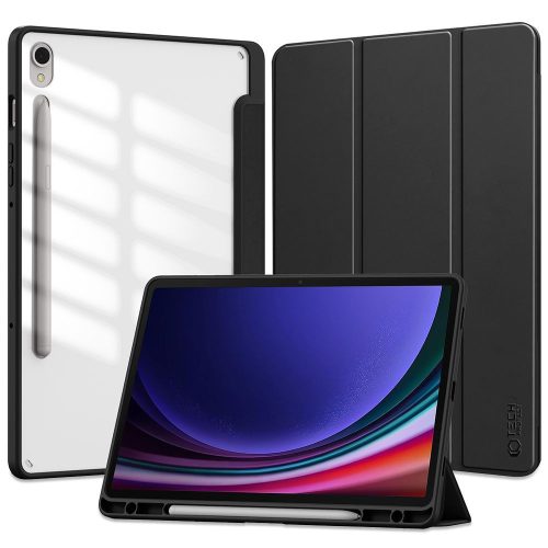 Samsung Galaxy Tab S9 11.0 SM-X710 / X716B, mappa tok, közepesen ütésálló, érintőceruza tartó, érintőceruza nélkül, átlátszó hátlap, Trifold, TP SC Pen Holder Hybrid, fekete