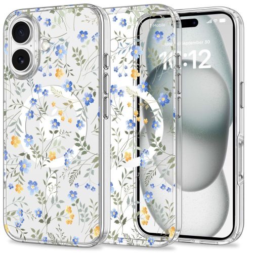 Apple iPhone 16, Műanyag hátlap védőtok + szilikon keret, Magsafe töltővel kompatibilis, tavaszi virág minta, Magmood Magsafe Spring Flowers, mintás/átlátszó