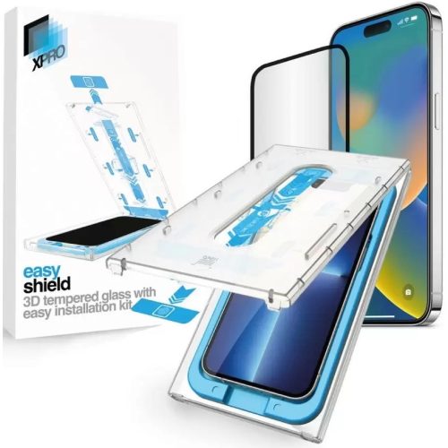 Apple iPhone 13 / 13 Pro / 14, Kijelzővédő fólia, ütésálló fólia (az íves részre is!), Tempered Glass (edzett üveg), felhelyező készlettel, Xprotector Eady Shield 3D, fekete